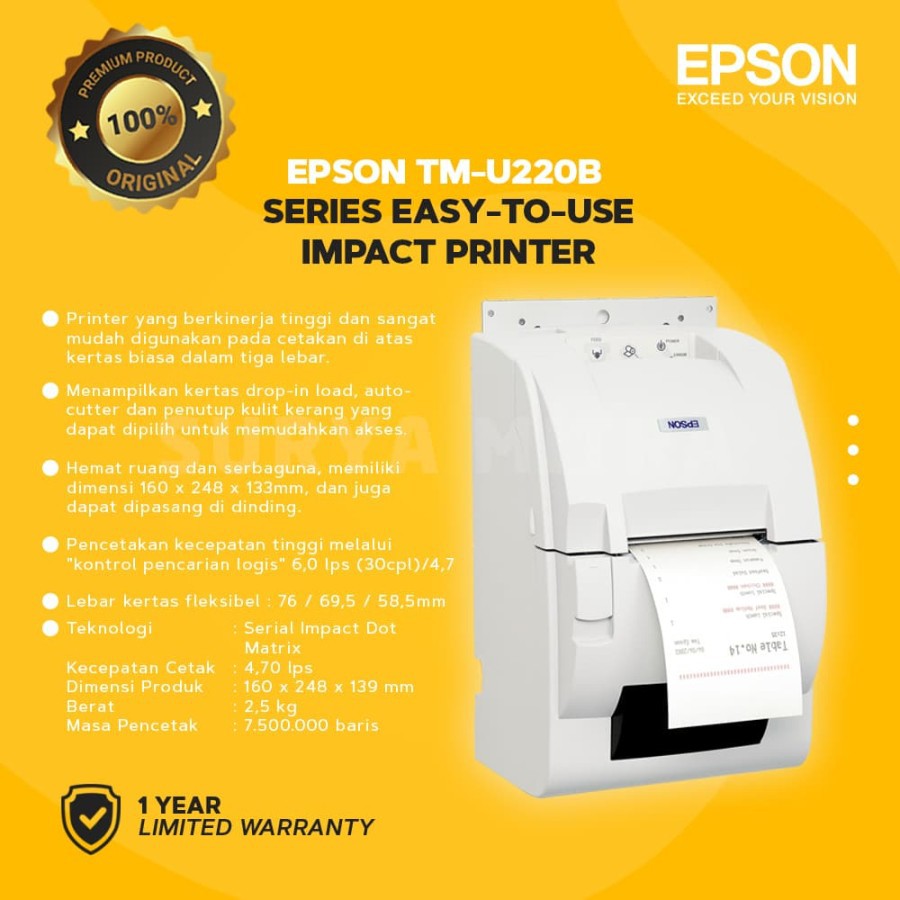 Printer Epson TM-U220B | TM U220 B Auto Dot Matrix/Cashier 9Pins