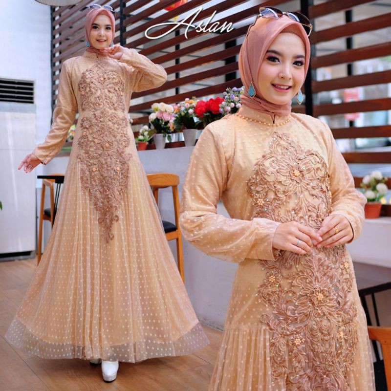 Ready gamis tile dot bordier mewah, gamis pesta dot tille, gamis bordier