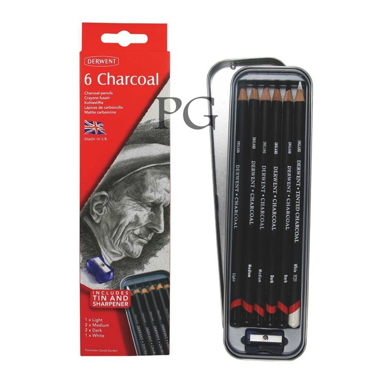 

Derwent Charcoal Pencils 6 in Tin Case Includes Sharpener Set Pensil Arang Kemasan Kaleng