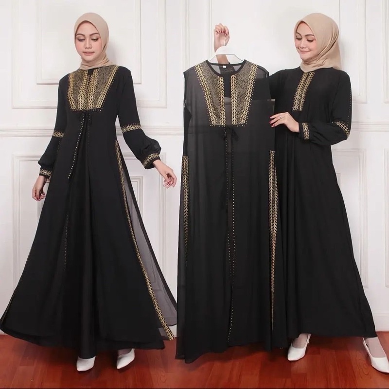 MF Store - Gamis Abaya Set Outer Rompi Lepas Pasang Terbaru - Dress Abaya Turkey Hitam Bordir Silver