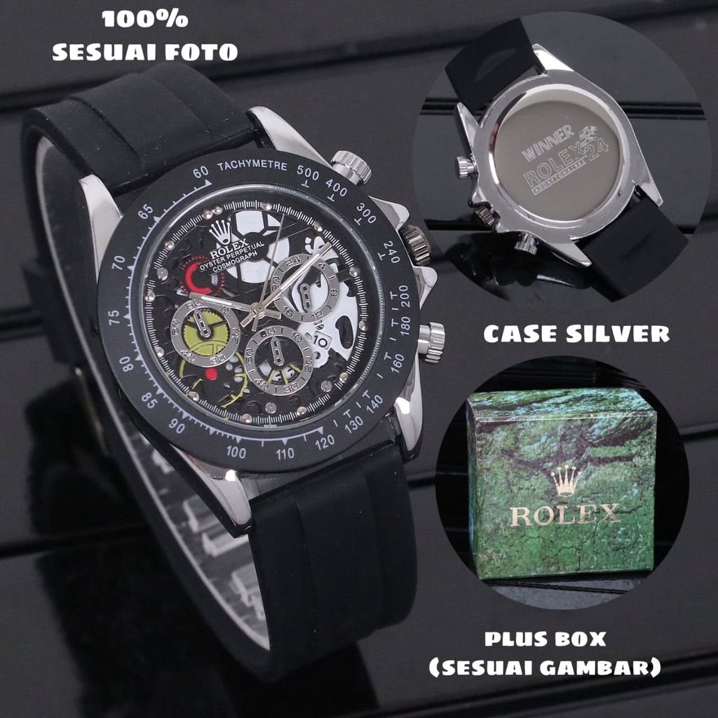 COD Jam Tangan Pria Rolex Tali Karet Body Bulat Silver Chrono Variasi Tanggal Aktif Box Exclusive