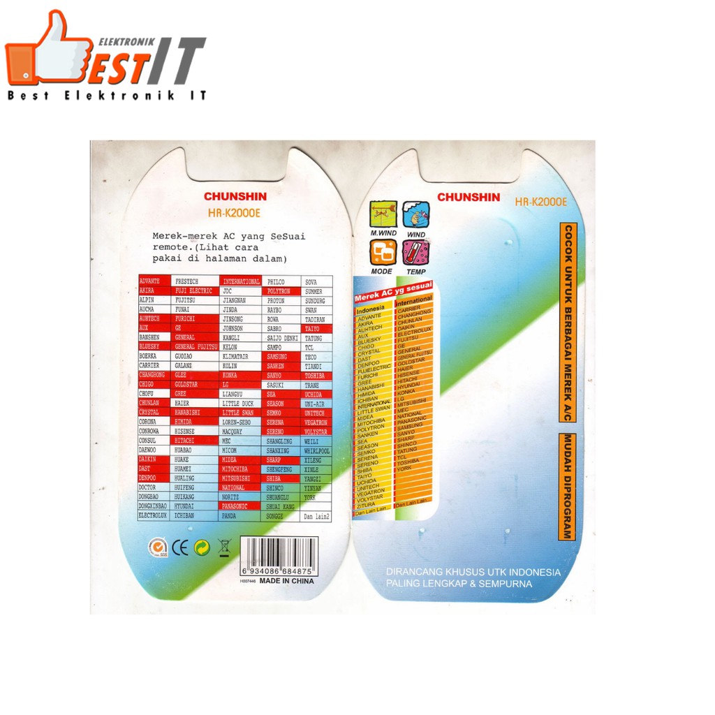 Remote Universal AC CHUNSHIN HR-K2000E