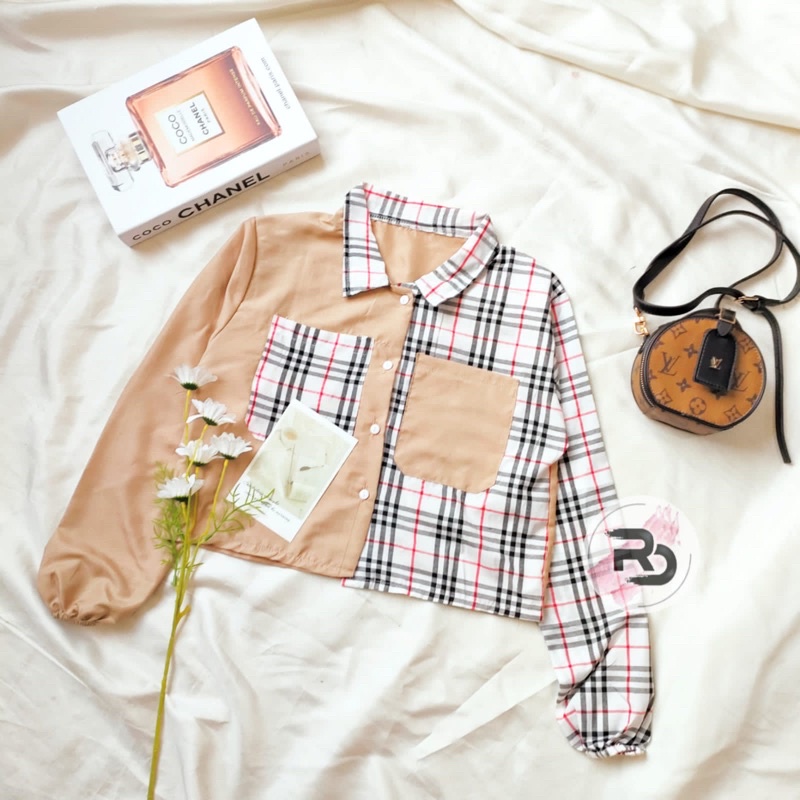 RD FASHION Mika Crop Top / KEMEJA CROP / kemeja TWO TONE / TARTAN KEMEJA CROP / TARTAN CROP-BB PUTIH