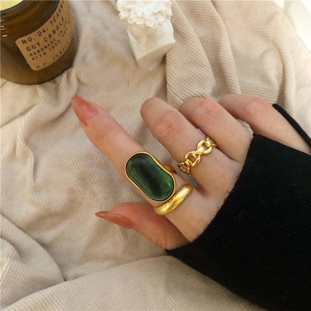 Mxbeauty Pembukaan Cincin Indah Hadiah Pernikahan Warna Emas Imitasi Permata Oval Geometris Gaya Korea