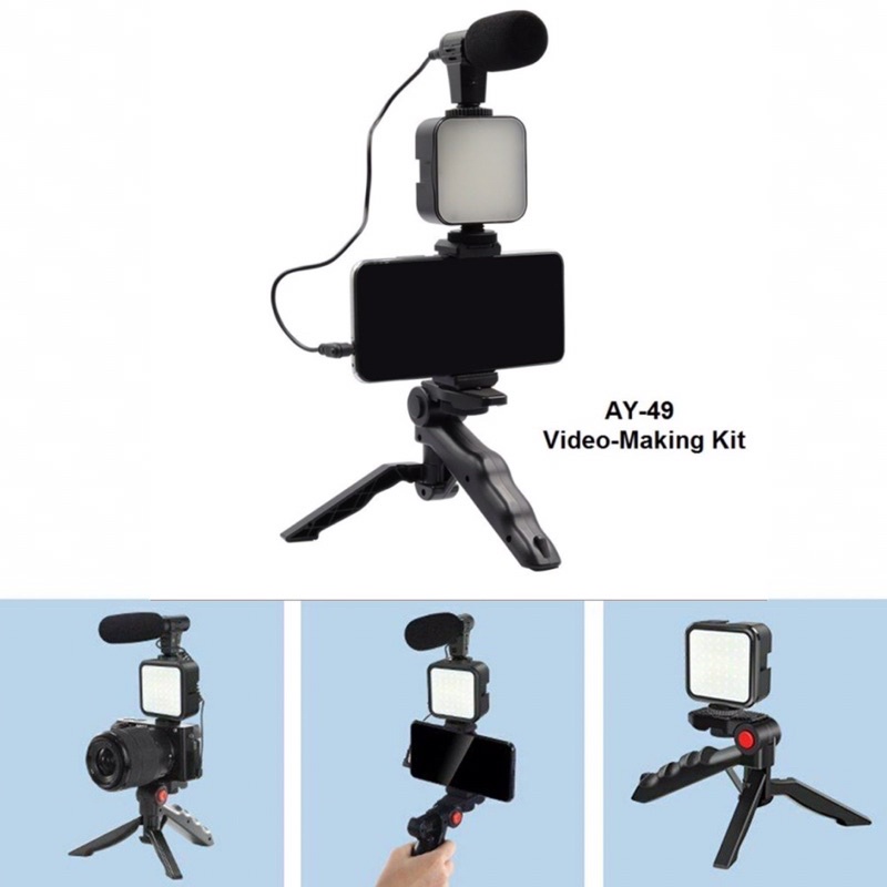 Paket Vlog Kit Tripod AY49 + Mikrofon LED Ligthning Remote Bluetooth