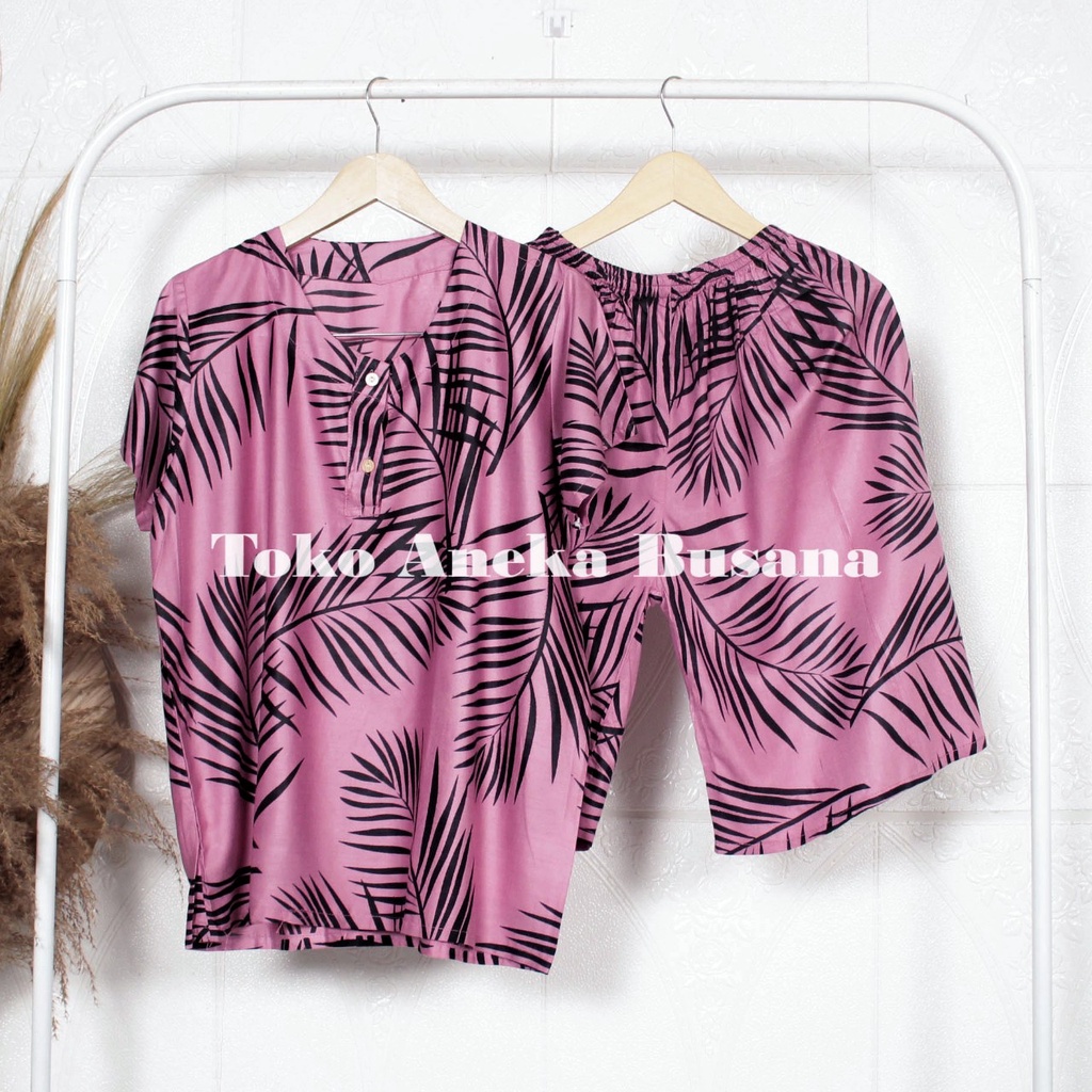 Setelan Baju Tidur Piyama Pendek Rayon 3/4 Motif Daun