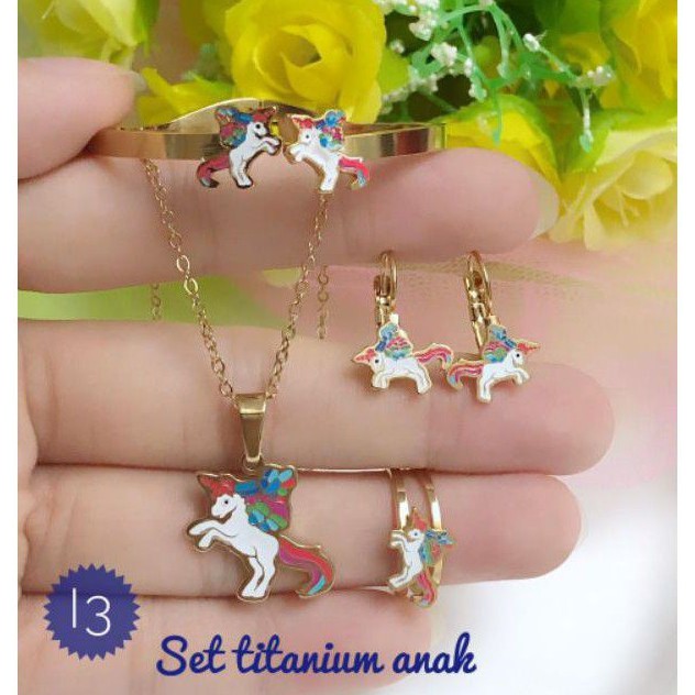 (MEI) TERMURAH Set Perhiasan TITANIUM ANAK Anti Karat Gelang Cincin Anting Kalung Kuda Poni Xuping