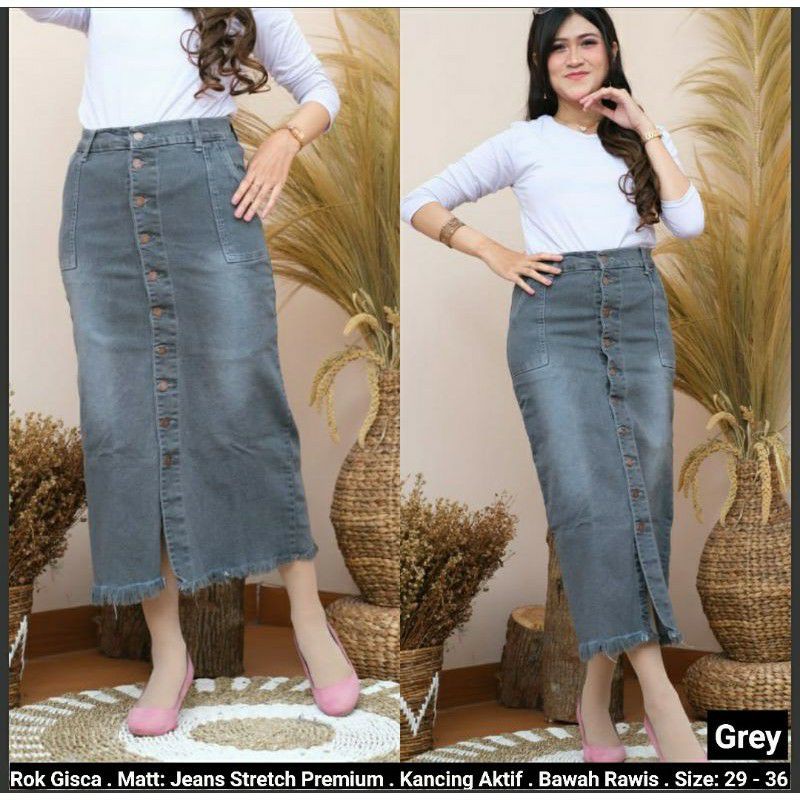 Rok Panjang Gisca Kancing Depan .Rok Jeans Panjang Kancing Depan Murah
