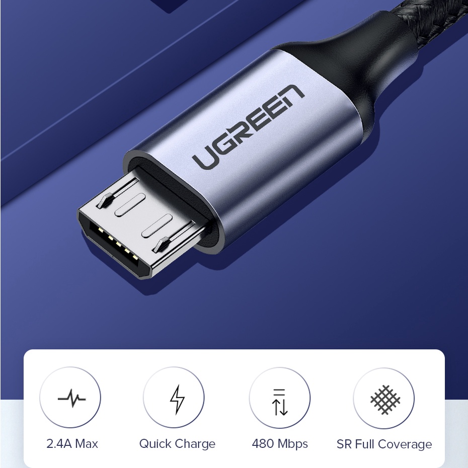 UGREEN Kabel Data Micro USB FAST Charging 18w 10w , 20Cm 1M 2M 3M Premium Nylon Braided QC3.0