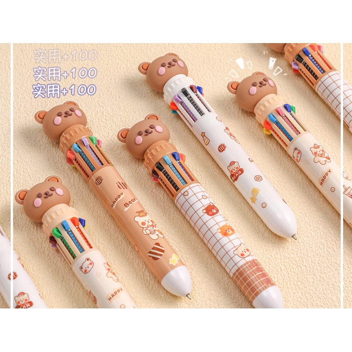 Bolpoin Warna BEAR 10 in 1 / Pulpen 10 Warna / Pena Warna 10in1 / Ballpoint Gel Pen Colorful / Pulpen Karakter Beruang 10 Warna / Pulpen Gel 0,5 mm