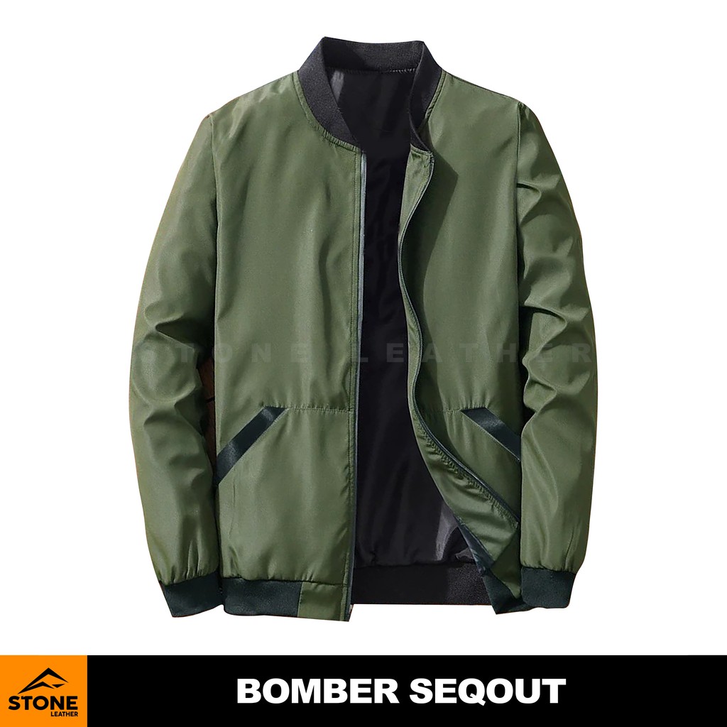 JAKET BOMBER ARMY SEQOUT POLYESTER HIJAU STONE LEATHER