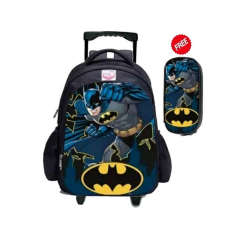 Tas Ransel Troli Anak Karakter Superhero/ Tas Ransel Trolley Dorong Anak Laki-laki Free Pouch [BISA COD]