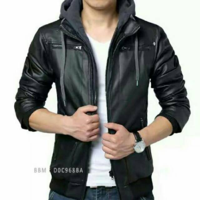 Jaket pria hoodie semi kulit ggs