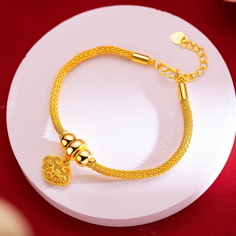 Goldkingdom Perhiasan Fashion 24K Bangkok Aksesoris Ready Stock Bell Kecil Gelang Wanita All-match Umur Aman Dan Panjang Gelang Kunci Emas Asli Kadar 375 Yang Kaya