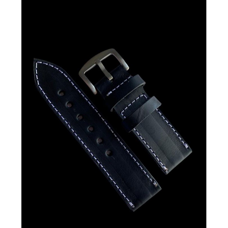 Strap tali jam tangan kulit sapi asli hitam benang putih size 24mm