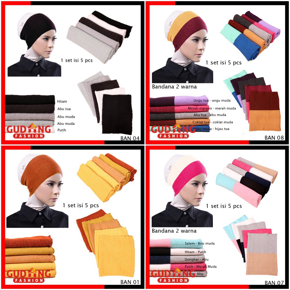 Bandana Rajut Basic dan Two Tone 2 Warna / Bandana Wanita / 1 Set isi 5 Pcs (COMB)