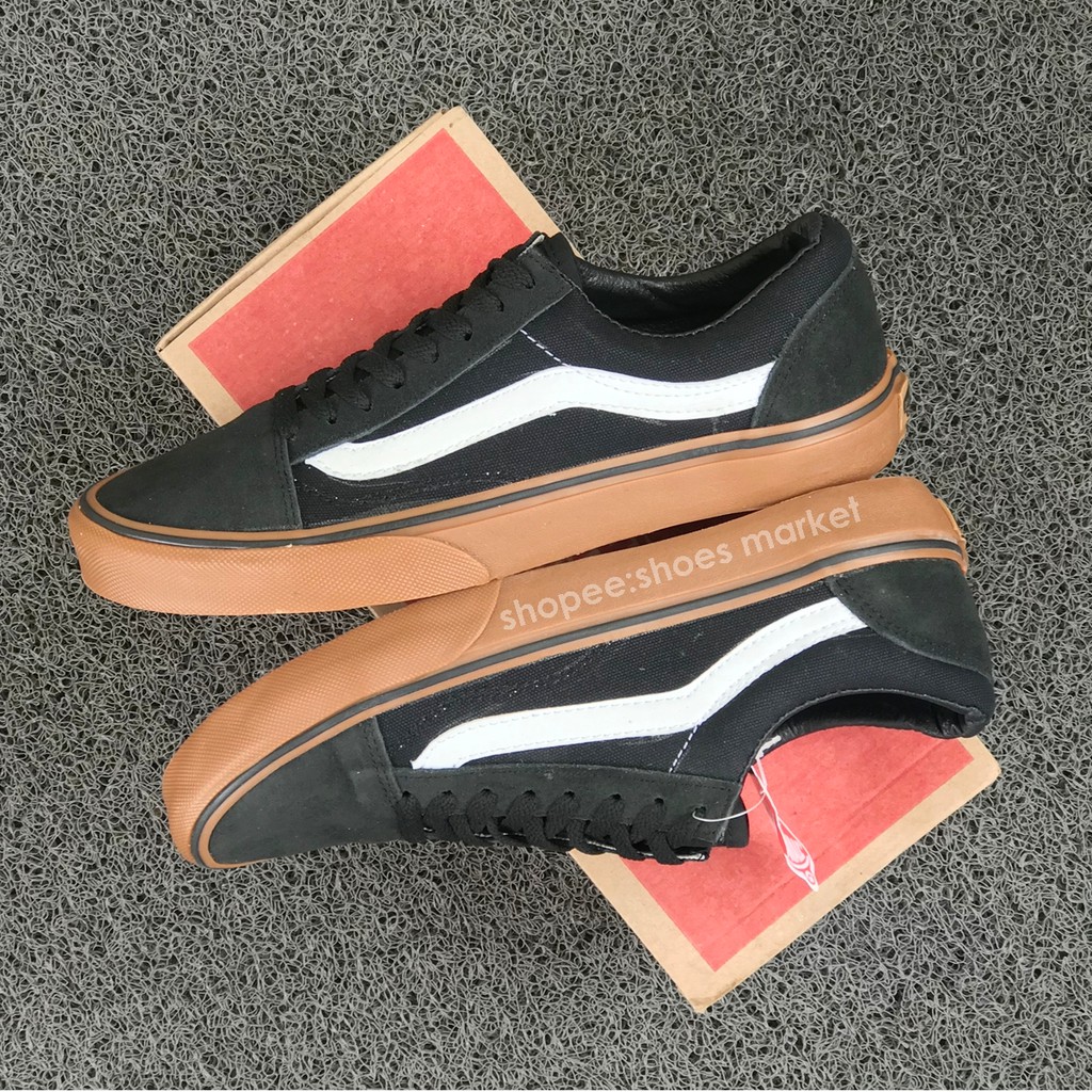 VANS OLDSKOOL BLACK GUM LIST HITAM PUTIH WAFFLE DT