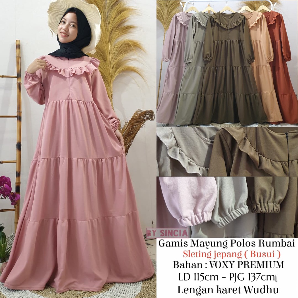 Gamis busui model rumbai rempel 3 susun depan belakang bahan voxy merk sincia