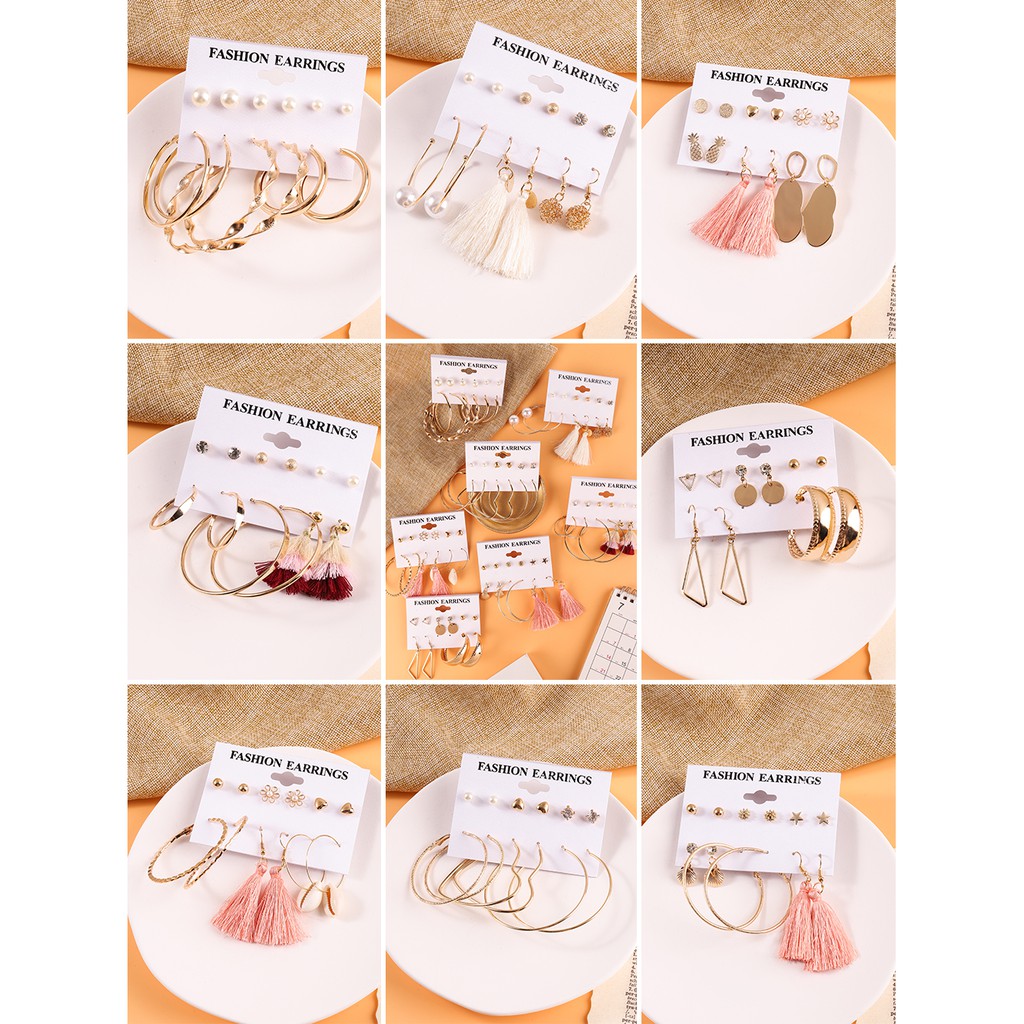 Pengiriman Lokal 12 pcs / Set Anting Hoop Earring 8 Styles Mini Round Shell Cotton Tassel Anting