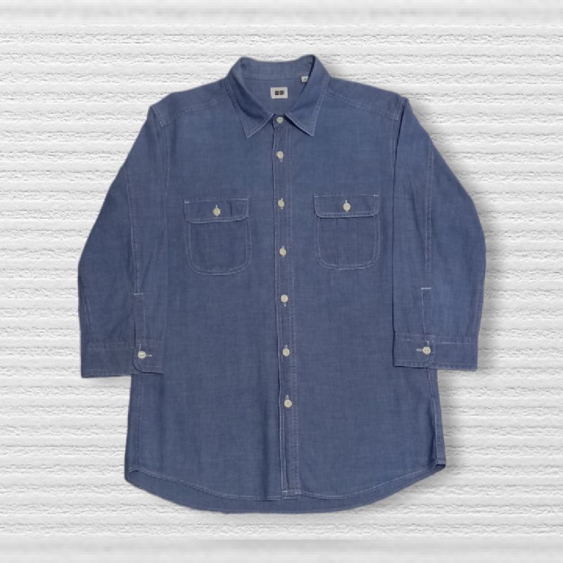 baju kemeja polos Uniqlo Biru brand PL