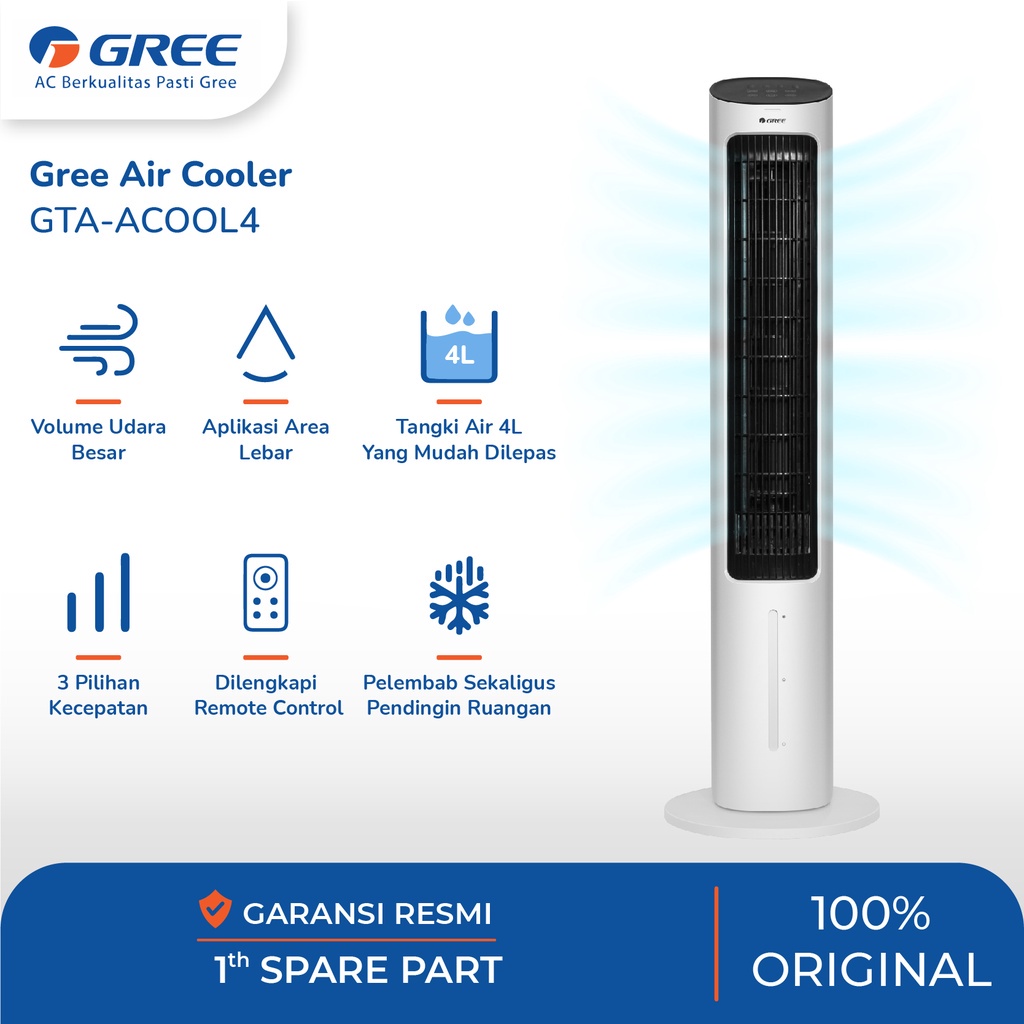 GREE Tower Fan Air Cooler dengan Generator Anion - Penyejuk - Humidifier - Kapasitas 4 Liter - Model