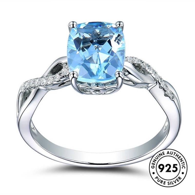 Cincin Sterling Silver 925 Hias Batu Aquamarine Elegan Untuk Wanita