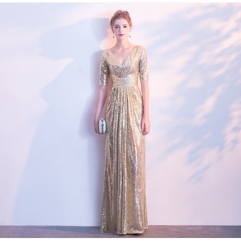 Rose Gold Sequins Bridesmaid Dresses With Sleeves Elegant V-Neck Long Wedding Party Dress 2021