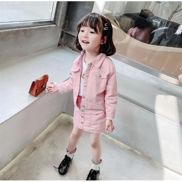 SETELAN LENGAN PANJANG + ROK ANAK CEWEK MODEL KEMEJA CREAM PINK  100-140 KANCING BULAT BULAT