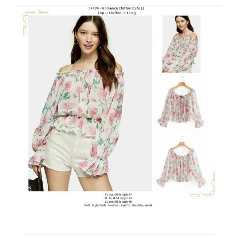 Blouse sabrina putih motif bunga lengan panjang