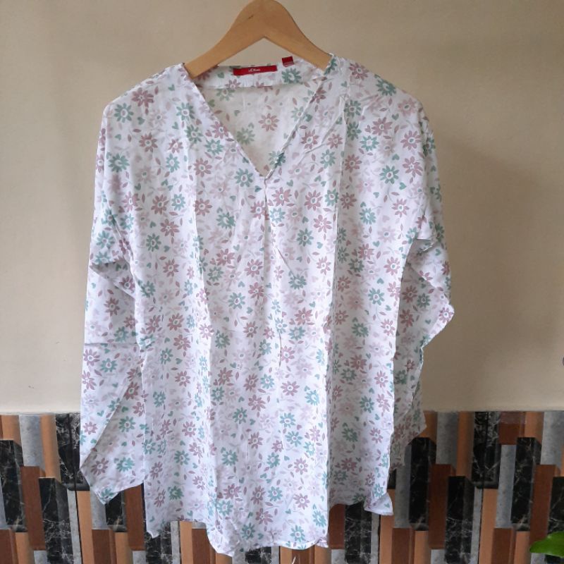 s oliver flower longsleeve  classic blouse// kemeja wanita branded original vintage-Pink hijau