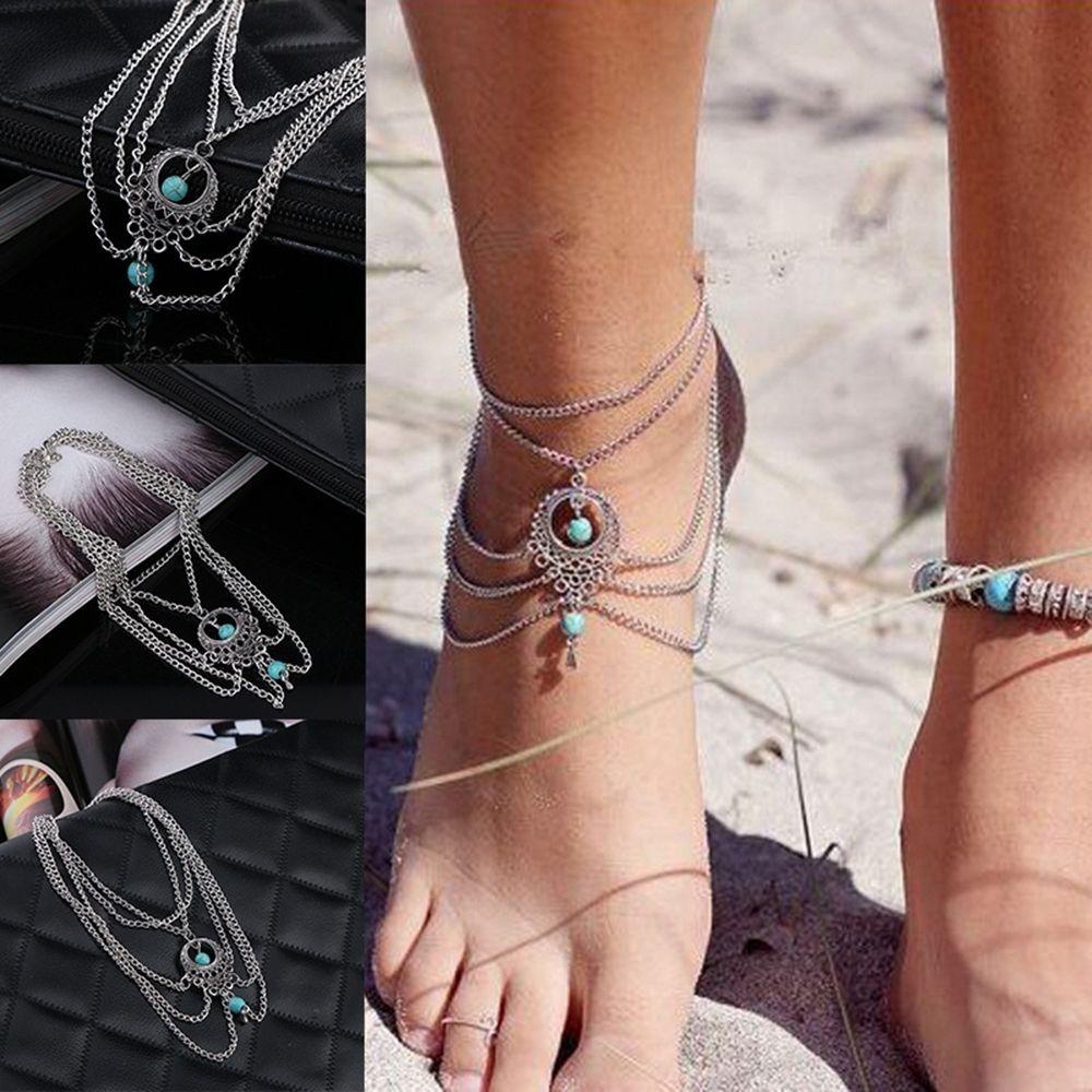 Preva Gelang Kaki Bohemia Gaya Pantai Aksesoris Etnik Hollow Perhiasan Turquoise Turquoise Toska Liontin