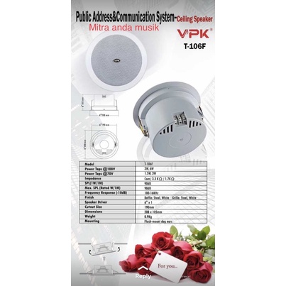 speaker ceiling plafon ceiling speaker vpk t106f 6" inch 6watt