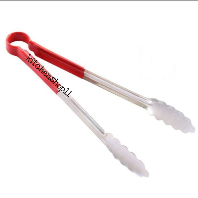 jepitan makanan gorengan TEBAL awet pegangan silikon merah TAHAN PANAS / capitan makanan kue mie gorengan stainless handle silikon 9&quot; 12&quot; 14&quot; / capitan kue gorengan stainless tebal