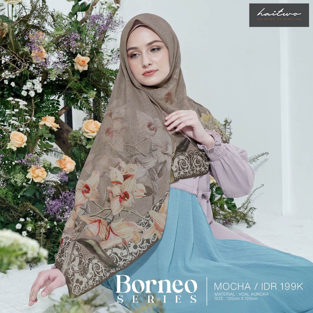 Haitwo Borneo Series Hijab Segi Empat Motif Bahan Voal Aurora Muslimah OOTD