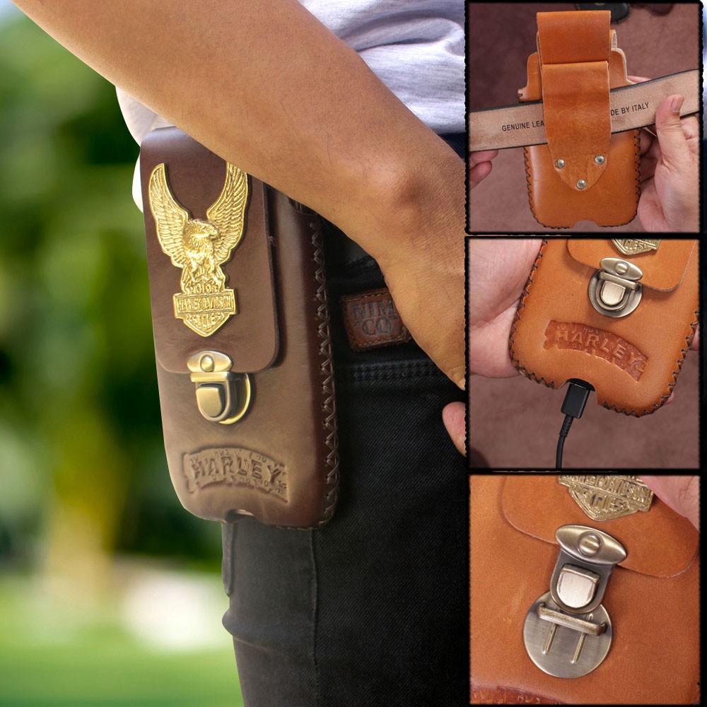 DOMPET HP PINGGANG KEREN EMBOSS HARLEY FULL STITCH EMBLEM LOGAM BAHAN KULIT SAPI PREMIUM P001