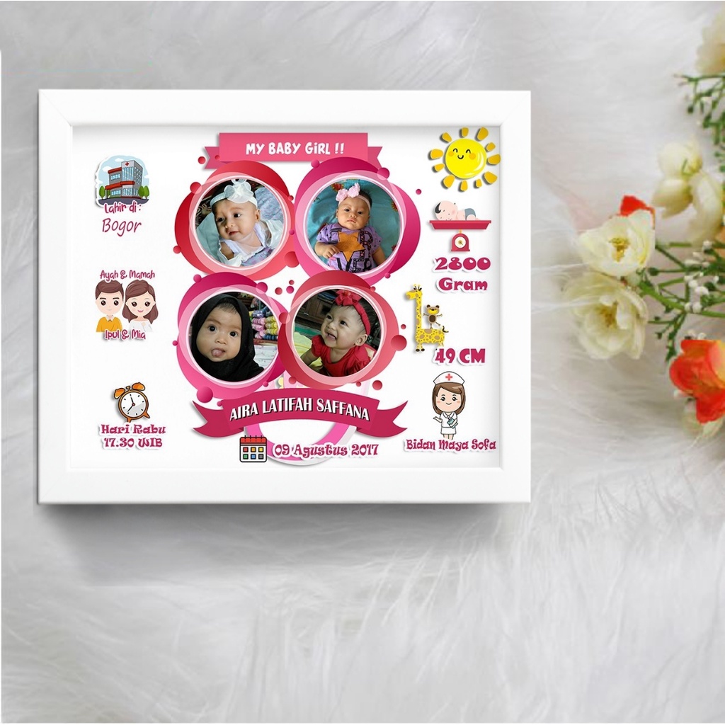 Biodata Bayi Hiasan Dinding Plus Bingkai Uk 10r 20x25  Tema Matahari Putih Pink