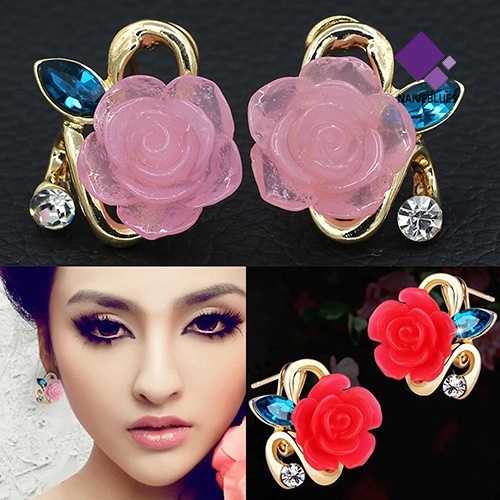 Anting Stud Bentuk Bunga Bahan Resin Aksen Berlian Imitasi Untuk Wanita