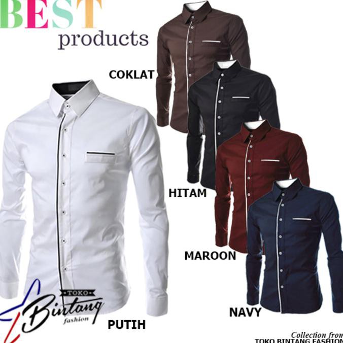 Kemeja Pria Slim Fit Combi List Warna Putih, Motif Kantong Jas P_043 Promo