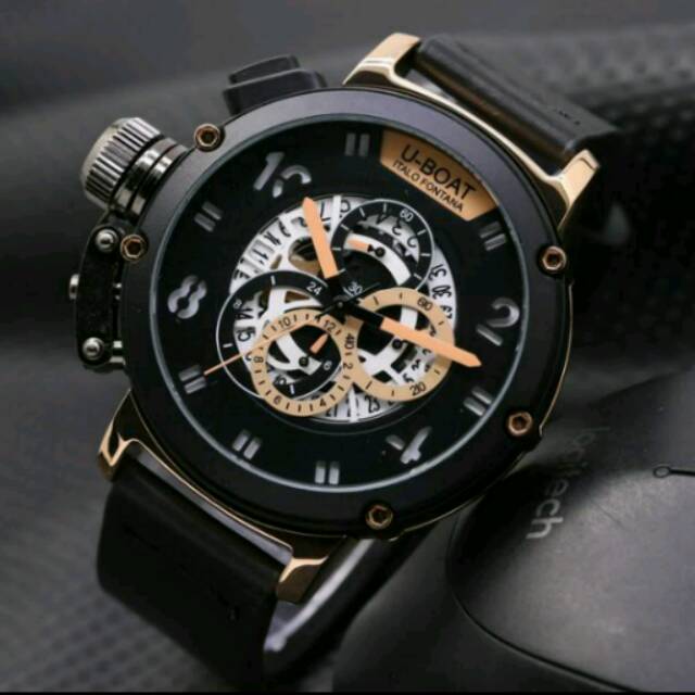 Jam Tangan Pria Elegant Exclusive U-BOAT MASTER Premium Watch Sport Black Rosegold