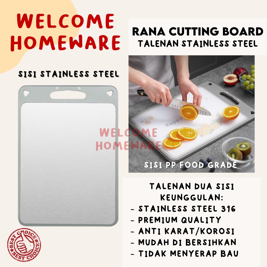 Rana Cutting Board 2 Sisi Talenan Stainless Steel Tebal PP Daging Buah