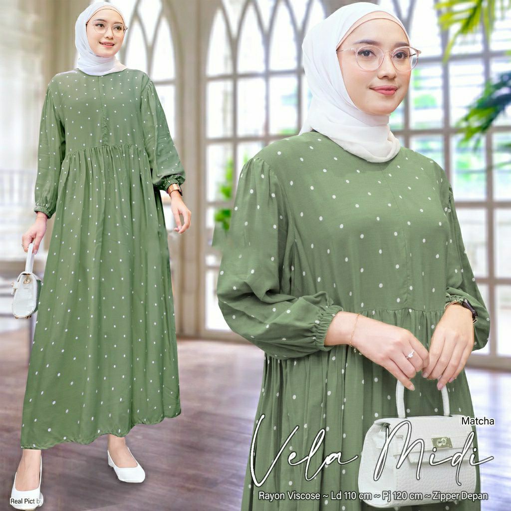 Gamis VELA MIDI DRESS MIDI DRESS RAYON MOTIF POLKADOT MIDI DRESS JUMBO MIDI DRESS BUSUI BUSANA WANIT