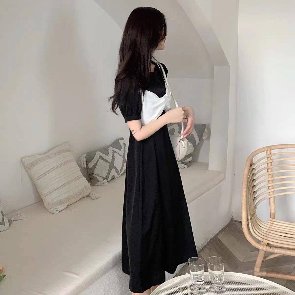 [littlecrab] Dress Pita Putih Biru Langit Hitam Long Dress With Pearl And Ribbon Simple Elegan Gaun Wanita Panjang Lengan Pendek Berkualitas Korean Style