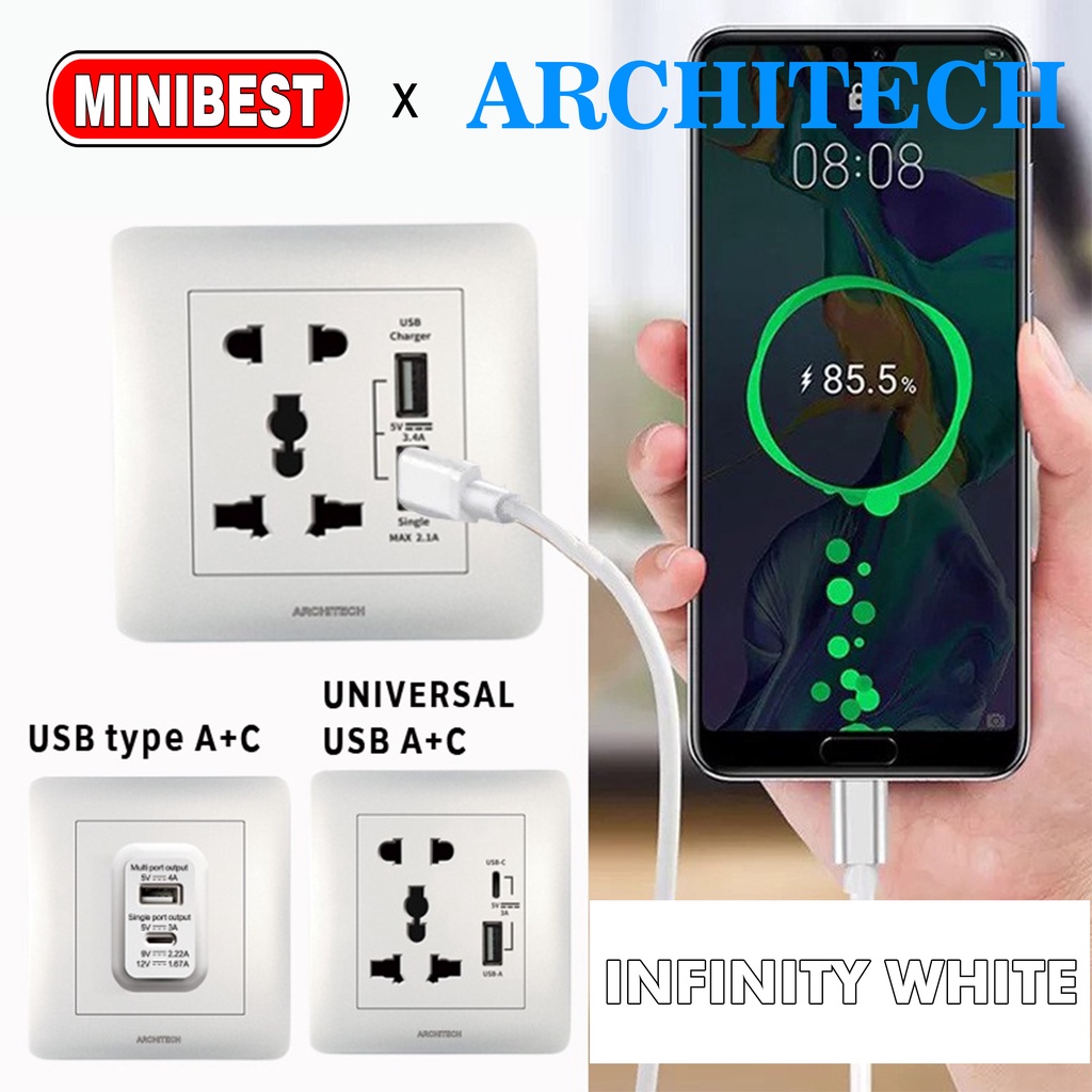 MINIBEST ARCHITECH INFINITY WHITE / SAKLAR USB / STOP KONTAK COLOKAN A63 NEW 2.3