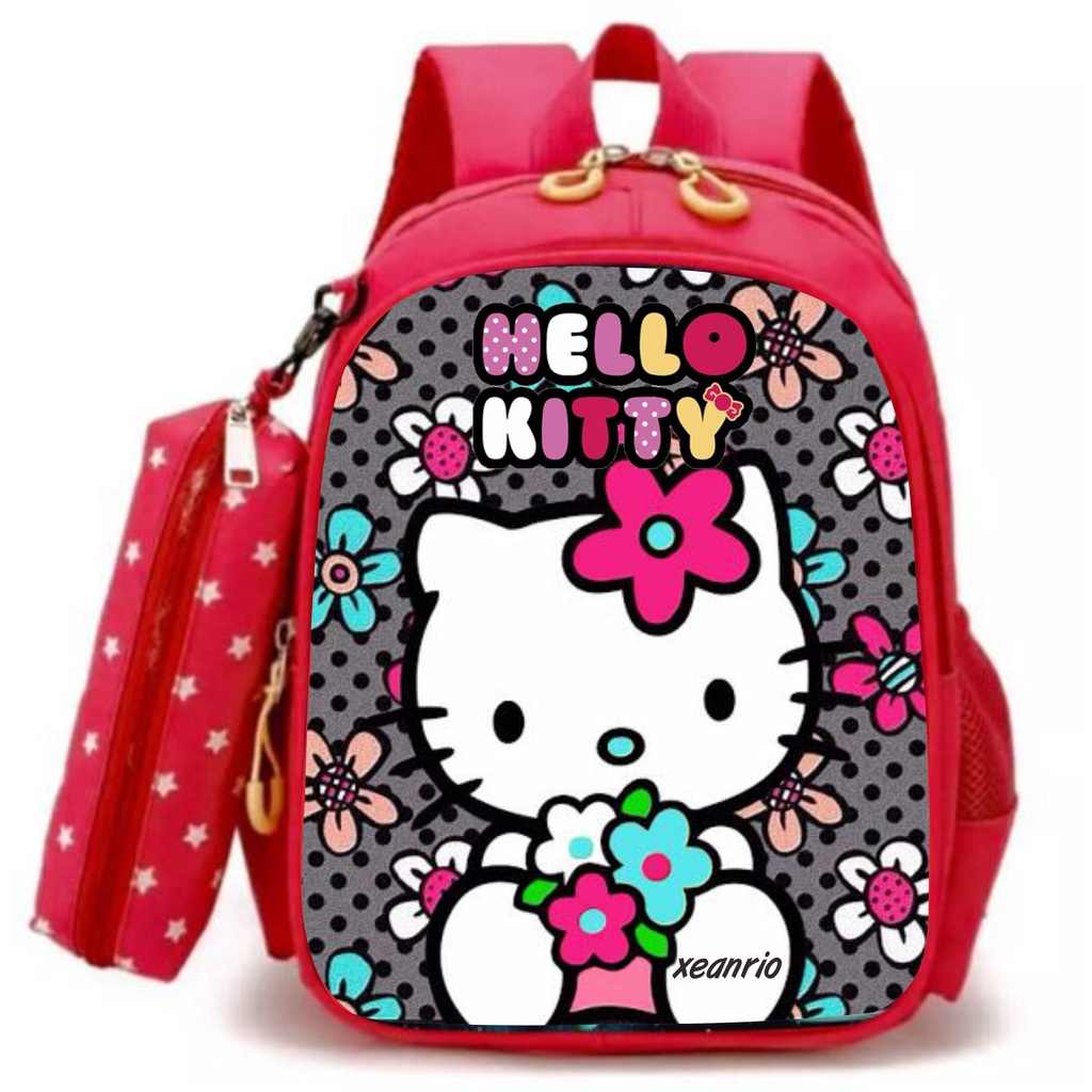 Tas Ransel Sekolah Anak Perempuan TK dan SD PREMIUM Karakter HELLO KITTY Flower 2in1 Bonus Tempat Pensil Terbaru 2022 Bisa COD