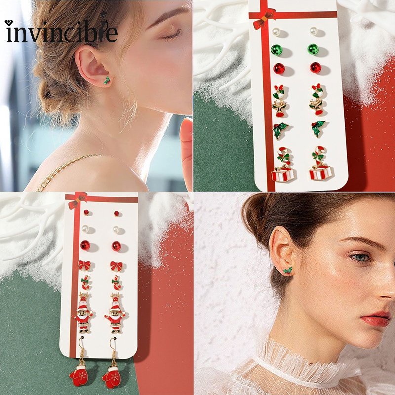 Anting Stud Desain Kartun Santa Clause Candy Cane Bow Tie Bahan Alloy Untuk Wanita