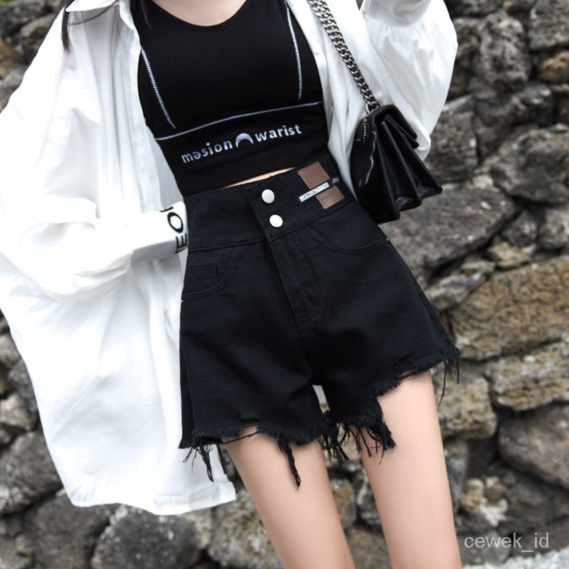 CEWEK_ID hot pants hitam Celana jeans Pendek Wanita Fashion wanita korean style sobek high waist ripped jeans denim jens sobek wanita kekinian shorts pants cewek xl XXl