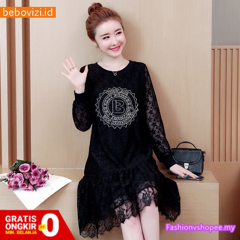 Dress Jumbo Wanita Black Casual Longgar Dinner Lengan Panjang Party Midi