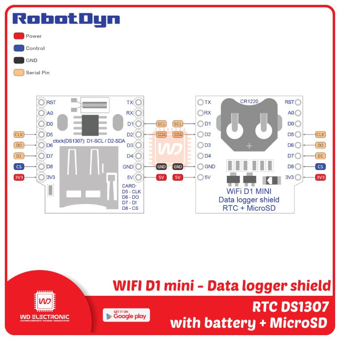 RTC DS1307 DATA LOGGER SHIELD WITH BATTERY AND MICROSD ROBOTDYN RTC DS1307 ORIGINAL