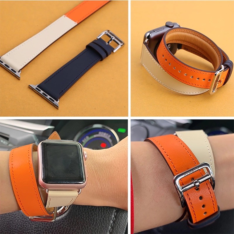 Tali jam tangan kulit 24mm Double tour loop strap apple watch iwatch series 7 SE 3 4 5 wanita leather 6 41MM 45mm 40mm