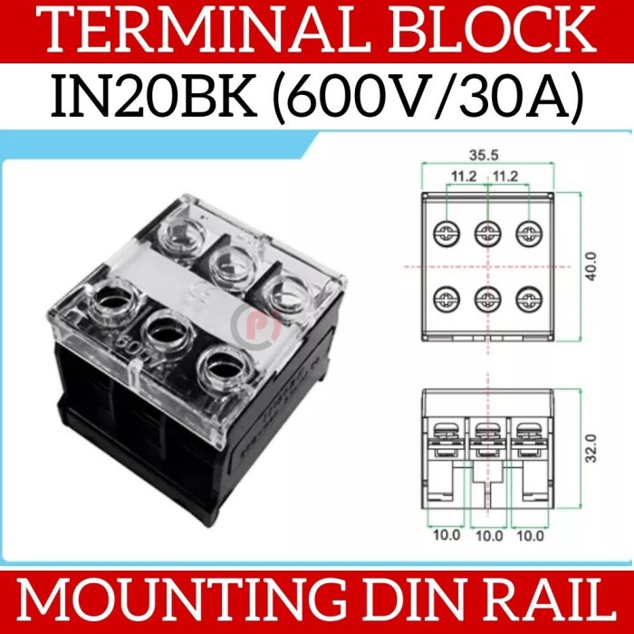 IN20BK Terminal Block Blok Listrik Mounting Din Rail 600V 30A 3 Pole